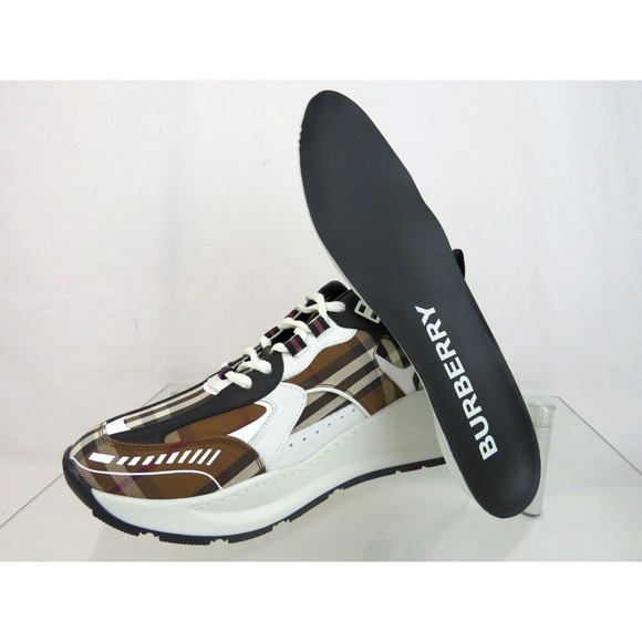 $670 BURBERRY SEAN BROWN CHECK CANVAS WHITE BLACK LEATHER SNEAKERS 41.5 US 8.5